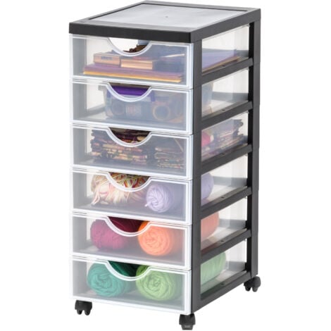 Iris Ohyama, Tour de rangement, Organisateur plastique, 6 tiroirs, 7 L, Poignées ergonomiques, Facile à transporter, Roues, Format A4, Bureau, Chambre, Salon, Salle de bain - DDDC-360 - Noir