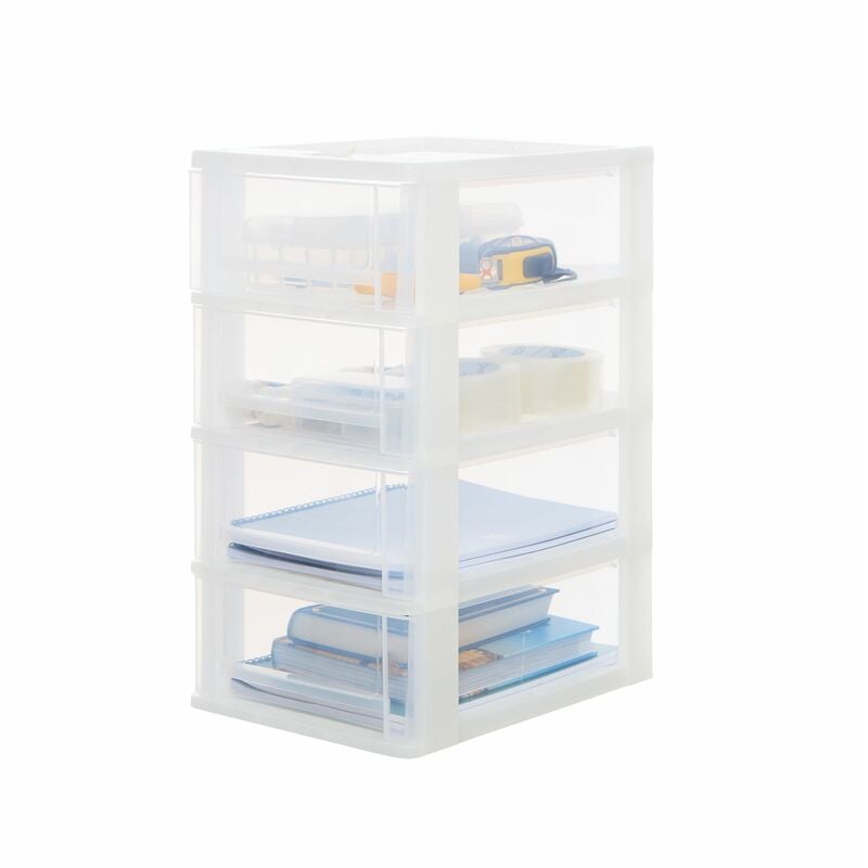 Iris Ohyama - Cassettiera in plastica, Formato A4, H49cm / 4 Cassetti , Sistema stop, Organizer con cassetti, Senza bpa, Quaderno, libri, Bianco