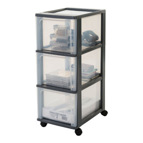 Iris Ohyama, Tour de Rangement Plastique, 3 Grands Tiroirs, Noir, Ouverture Facile, Format A4, A5 & A6, Meuble, pour Bureau, Fourniture Scolaire, Papeterie, Sans BPA, Sans BPA, OCH-2300