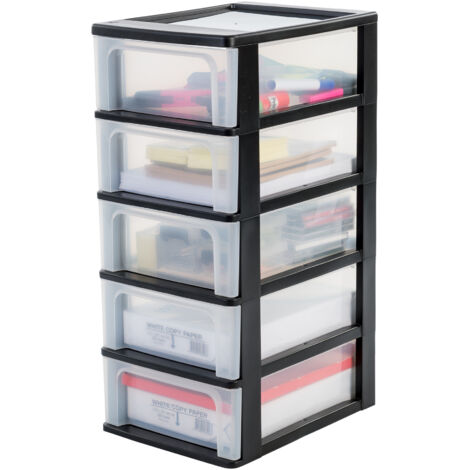 Iris Ohyama, Tour de Rangement Plastique, 5 Tiroirs Moyens, Noir, Ouverture Facile, Format A4, A5 & A6, Meuble, Organisateur, pour Bureau, Fourniture Scolaire, Papeterie, Sans BPA, OCH-2005