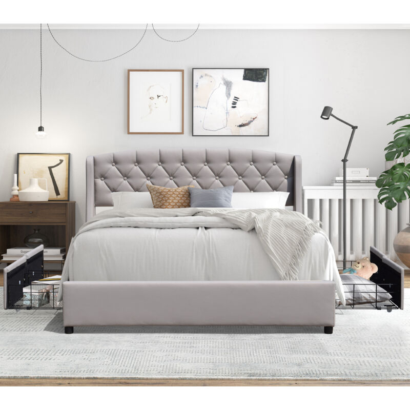 Iris - Solide et Confortable Lit 120x190 avec Sommier avec 4 tiroirs + Tete de lit Couleur gris + Pieds en 4 cm - 2 x 13 Lattes - revetement pvc