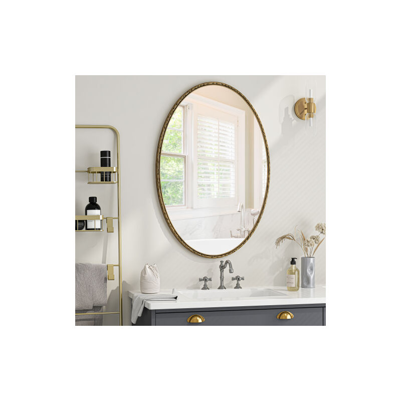 Iron Art Oval Retro Mirror, Antique Effect, Wall Hanging, Suitable For Bathroom, Bedroom, Living Room (Gold)
