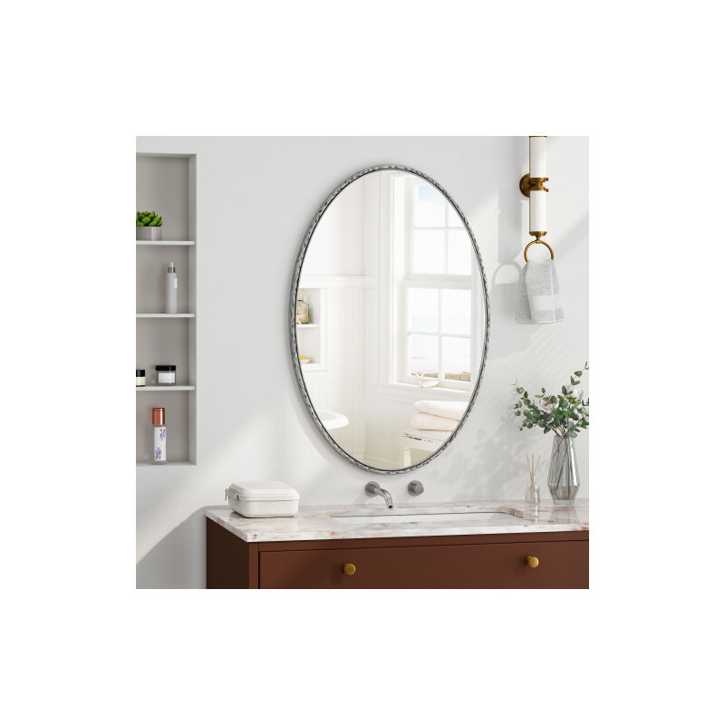 Iron Art Oval Retro Mirror, Antique Effect, Wall Hanging, Suitable For Bathroom, Bedroom, Living Room (Silver)