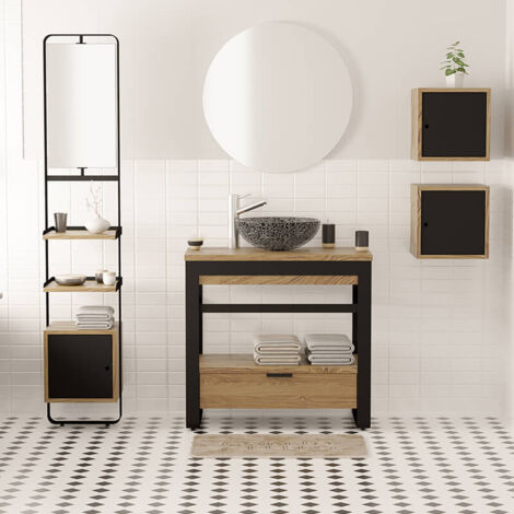 IRON Mueble de baño de 90 cm de roble natural y metal negro con encimera de madera y cajón - Mueble de baño de diseño industrial