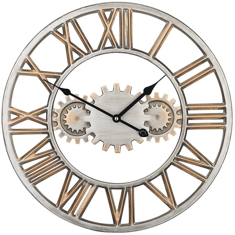 Industrial Wall Clock Iron Round Gear Open Face Spade Hands Silver Gold Seon