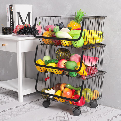 Iron Wire Fruit Vegetable Basket Storage Unit Stackable Trolley Rack
