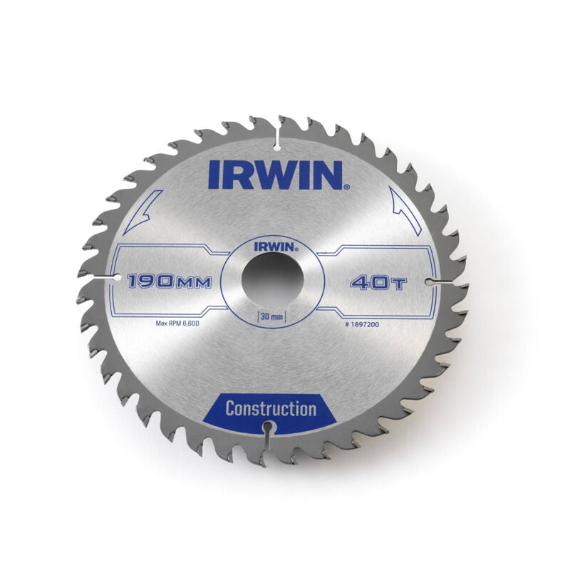 Irwin - IRW1897200 lame de scie circulaire 40 dents avec denture renforcée à biseau alterné 190 x 30 mm tools