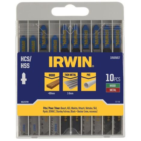 Irwin Jigsaw Blades x10 Assorted Wood Plastic Metal T-Shank 10505817 IRW10505817