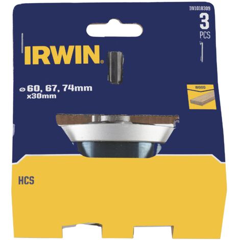 Irwin otwornice do drewna hcs 60, 67 i 74mm x 30mm do drewna z trzpieniem mocującym i wiertłem centr