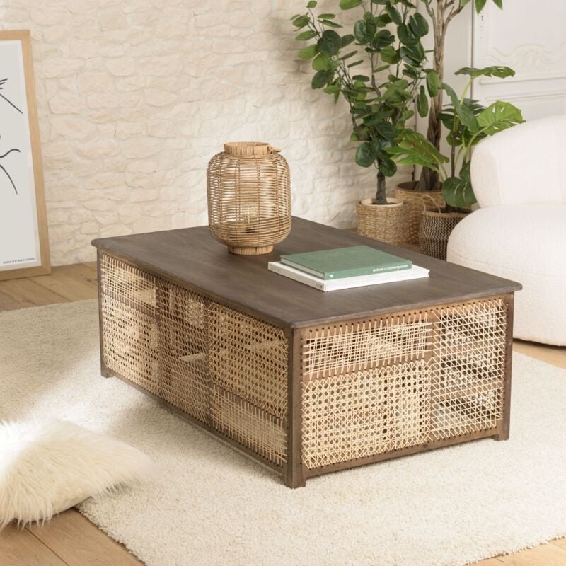 Macabane - isa - Table basse en bois de manguier foncé, patchwork cannage naturel