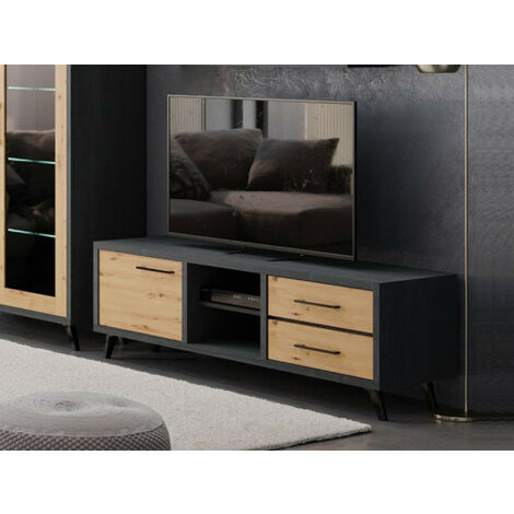 Isaac - meuble TV - bois et noir - 160 cm - style industriel - Noir / Bois