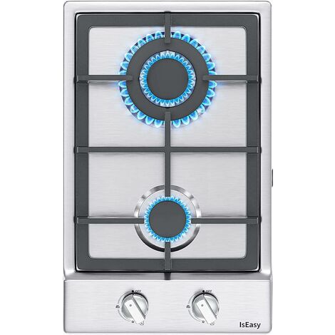 IsEasy Gaskochfeld 2 Brenner mit Gusseisen-Topfhalter, 2 Zonen Edelstahl-Gaskochfeld, autark eingebaut, Erdgas (20 mbr)/Propangas (30 & 50 mbr), 3300 W/1000 W, 220–240 V