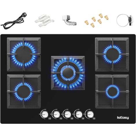 IsEasy Glas Gaskochfeld 5 Flammig mit Automatischer Thermoelementschutz, Einbau Gaskochfeld,5 Zonen Gaskocher, Erdgas/Propangas, Schwarz Glasherd