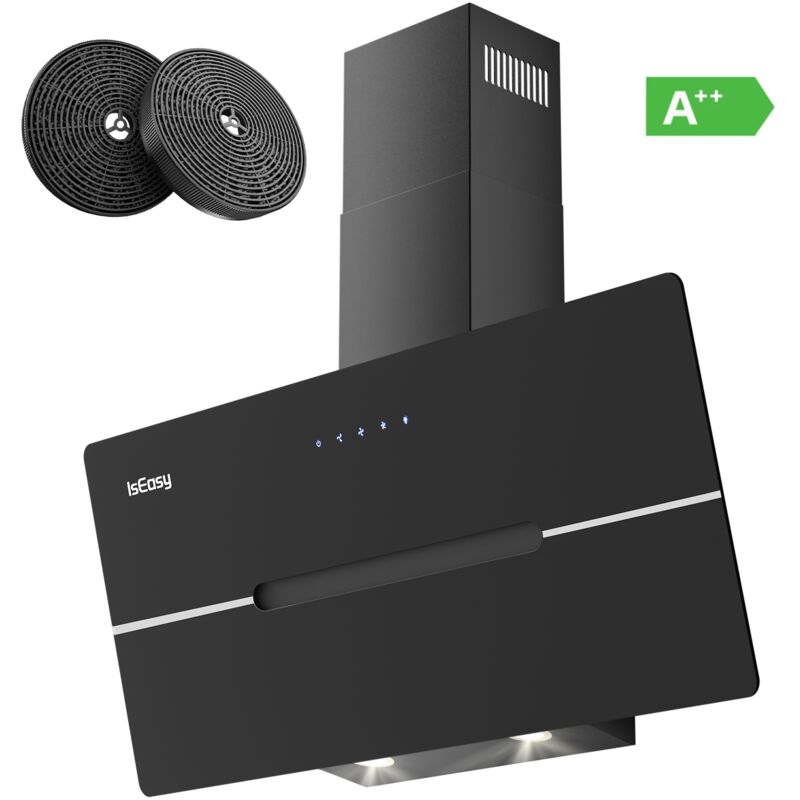 Hotte Aspirante, Hotte de Cuisine Inclinées Noir, 524 m³/h Puissance d'aspiration élevée, 3 Vitesses, Eclairage à led, 2 Filtres à Charbon [Classe