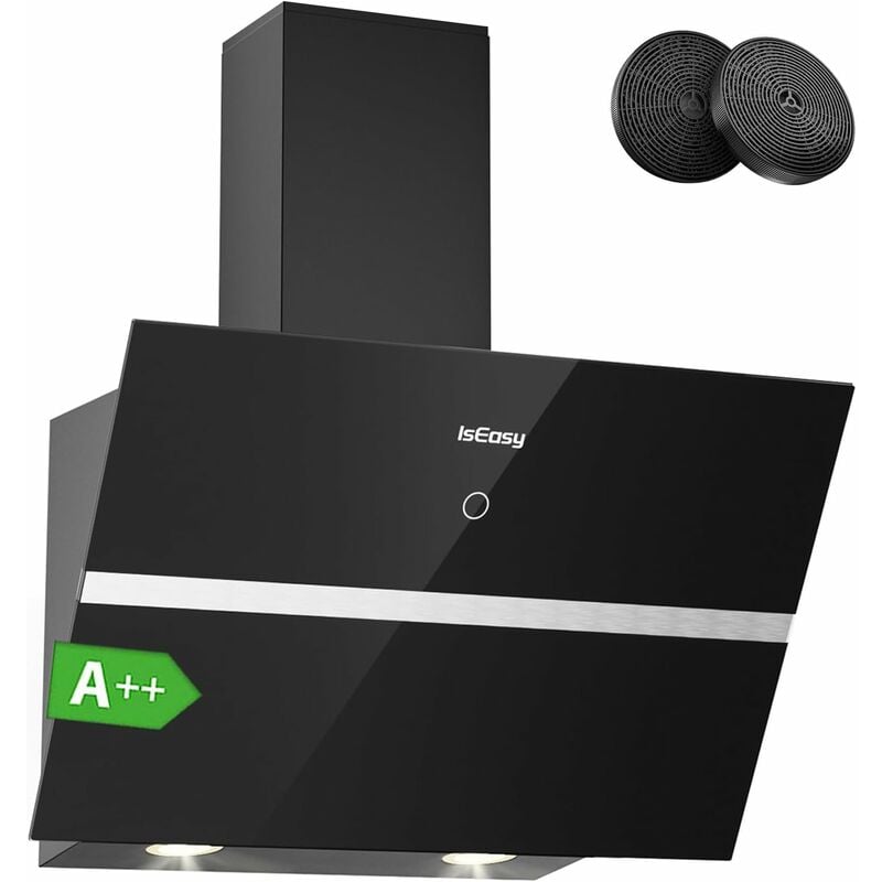 Iseasy - Hotte de Cuisine Inclinée, Hottes Aspirantes 60cm, 524 m³/h Puissance d'aspiration élevée, Evacuation ou Recyclage, 4 Vitesses, 58 dB,
