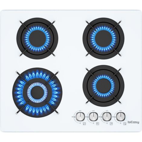 IsEasy Placa de gas de 4 Quemadores 60cm Blanco,Gas Natural/Propano,Negro,Cristal-4 fuegos