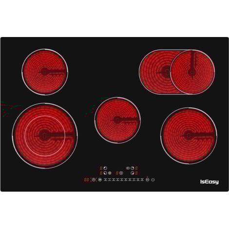 IsEasy Placa Vitrocerámica 5 zonas 8600W 30cm Control táctil,Temporizador-5 fuegos Doble círculo Negra