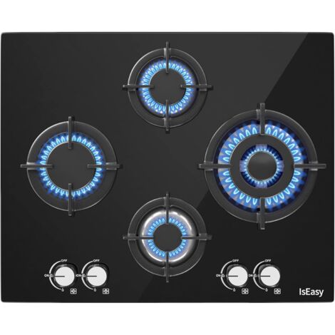 Iseasy – Plaque de cuisson gaz 4 feux – Brûleurs en verre trempé 3.3KW à 1KW – Sécurité thermocouple – Allumage par impulsion – 64cm x 52cm