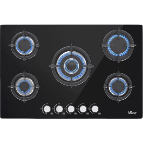 Iseasy – Plaque de cuisson gaz 5 foyers – Brûleurs 3.3KW à 1KW – Verre trempé 8mm – Allumage par impulsion – Sécurité thermocouple
