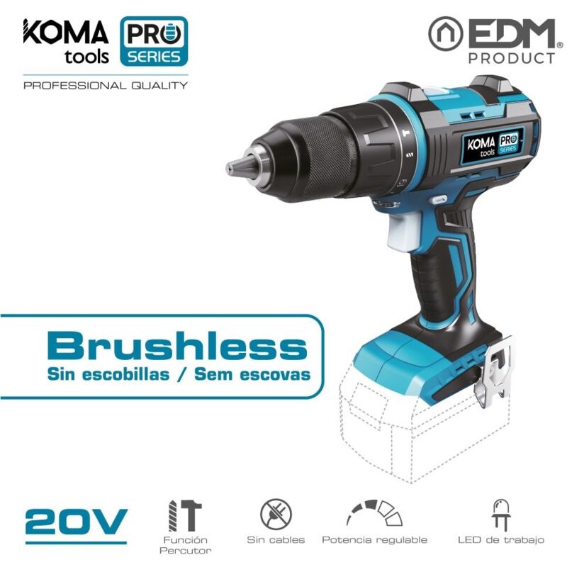 Taladro percutor/atornillador 20v brushless (sin batería ni cargador) portabrocas ø13mm 22x25cm pro series battery Koma Tools