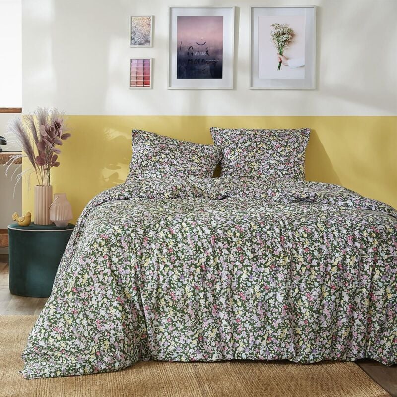Isia - Parure de Lit Imprimé Floral Housse de Couette 260x240cm + 2 Taies d'Oreiller