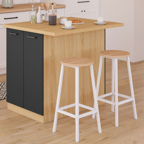 Isla central IVO 120 cm en madera efecto haya con puertas y encimera negras