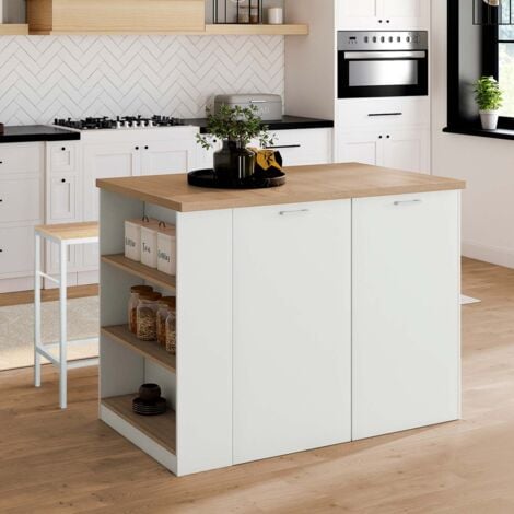 Isla central TIBO 120 cm en madera blanca con encimera efecto haya