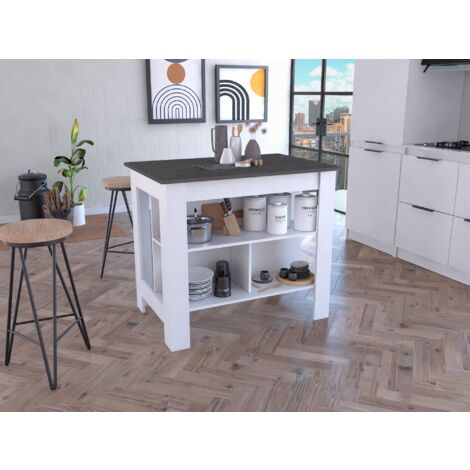 Isla de cocina Cala con tres estantes y cuatro patas , Blanco / Onix