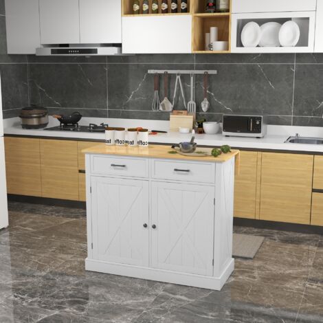 Isla de Cocina Carro de Cocina con Encimera de Madera Plegable 2 Puertas 2 Cajones Estante Ajustable y 4 Ruedas 105x60x90,5 cm Blanco