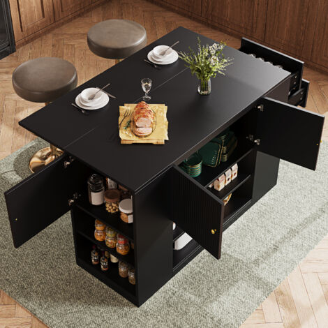 Isla de cocina con cajones y estantes plegable y práctica mueble de almacenamiento MDF 140x40x90cm color negro