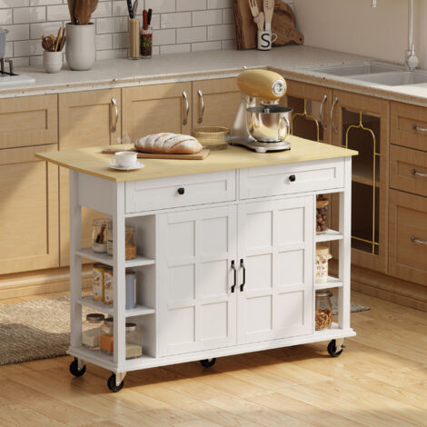 Isla de Cocina con Ruedas Encimera Plegable 2 Puertas con Cierre Suave 2 Cajones 6 Estantes Abiertos Blanco