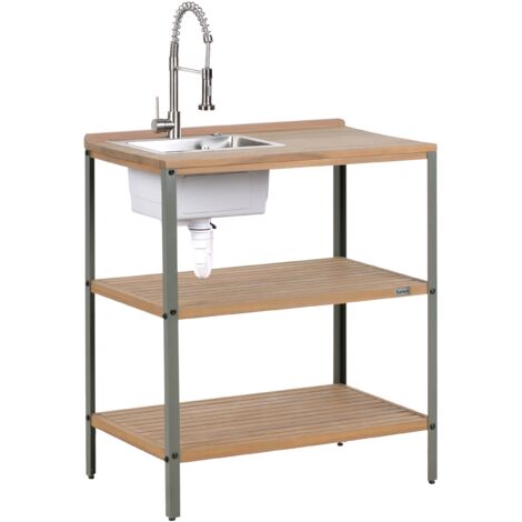 Isla de cocina exterior de madera de acacia con fregadero y 2 estantes 50 x 80 x 92 cm encimera de madera maciza marrón Ivrea