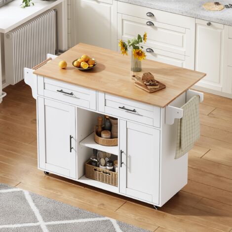 Isla de cocina móvil de 145x70x94,5 cm con tablero plegable, espacio de almacenamiento, 5 ruedas, MDF blanco.