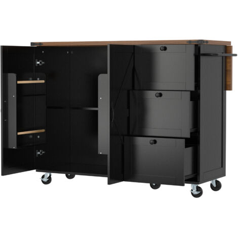 Isla de cocina negra 140x45x92.5cm, carrito de servicio con encimera extensible, 2 puertas y 3 cajones, aspecto de madera