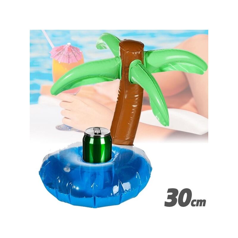 Trade Shop Traesio - Portabebidas Hinchable Isla Con Palma Flotante Portabotas Piscina 30 Cm