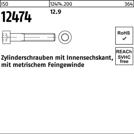 ISO 12474 Zylinderkopf-Schaftschraube Feingewinde M20x45 Stahl 12.9 blank Innensechskant 25 Stk