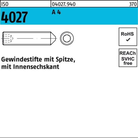 ISO 4027 Gewindestifte mit Spitze & Innensechskant A 4 M 4 x 20 A 4 S 500 Stk