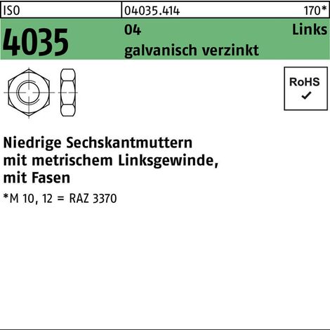 ISO 4035 04 Links galvanisch verzinkt Niedrige Sechskantmuttern mit Fasen und metrischem Linksgewinde - Abmessung: M 36 VE=S (10 Stück) 10 Stk