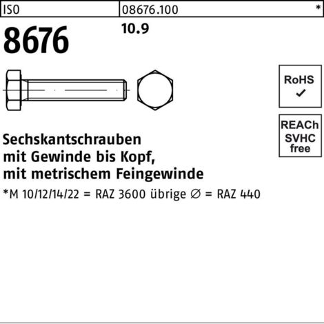 ISO 8676 Sechskantschraube Feingewinde VG M16x30 Stahl 10.9 blank 50 Stk