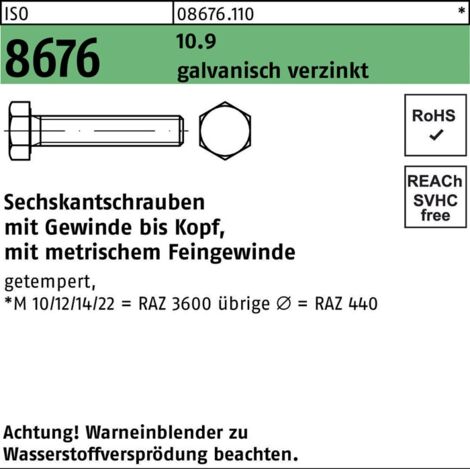 ISO 8676 Sechskantschrauben 10.9 M 12 x 1,25 x 35 galvanisch verzinkt A2F getempert gal Zn S 100 Stk