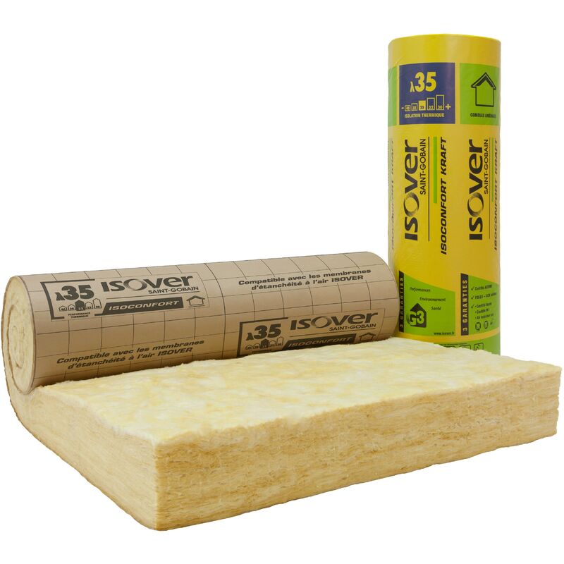 Laine de verre Isoconfort 35 Revêtu Kraft 280 mm pour les combles aménagés - rouleau 1,2x2 m revêtu kraft - R=8 m².K/W Isover