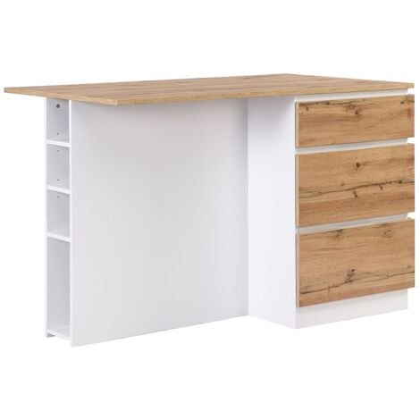 Isola centrale da cucina con 6 cassetti e 4 nicchie in MDF Naturale chiaro e Bianco - POMARELA