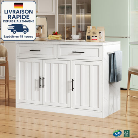 Isola cucina 120 x 60 x 91 cm – barra posteriore da 20 cm, 2 cassetti e 3 ante, 2 prese di corrente + 2 prese USB, piano in marmo bianco, Bianco
