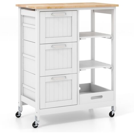Isola cucina con ruote bloccabili piano in legno di gomma e 2 ripiani rimovibili Carrello multiuso Bianco