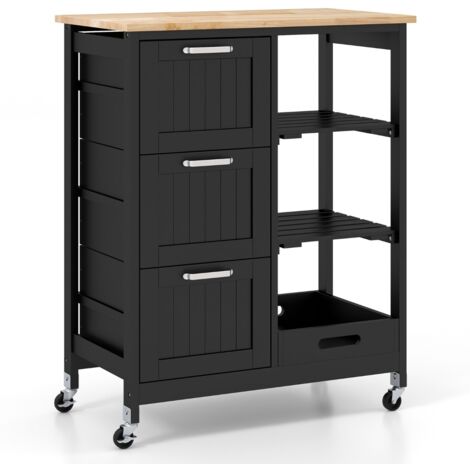 Isola cucina con ruote bloccabili piano in legno di gomma e 2 ripiani rimovibili Carrello multiuso Nero