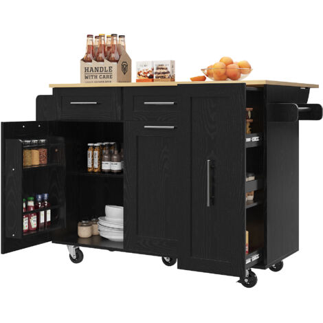 Isola da Cucina 110x46x90,5 cm, Piano Richiudibile Pranzo, Vani Estensibili Ripostiglio, MDF e Metallo, Nero, per Cucina