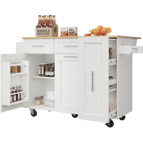 Isola da Cucina 110x74x90.5cm, con Tavolo Pranzo a Archivio, Ripiani per Snack e Pensili Allungabili, MDF e Metallo, Bianco