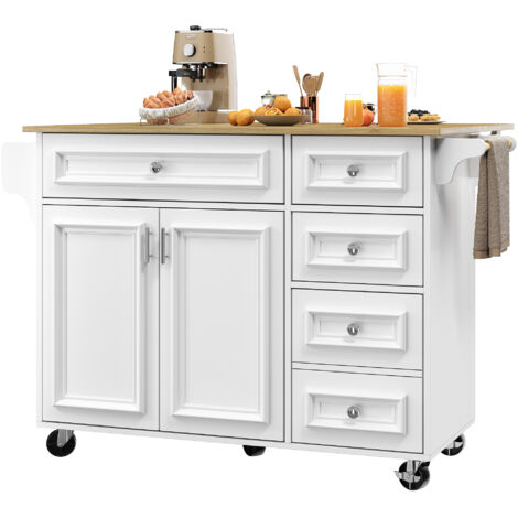Isola da Cucina 110x75x92 cm, Scaffali Regolabili, Doppio Piano Cassetto, Carico 60 Kg, MDF Bianco, per Cucina