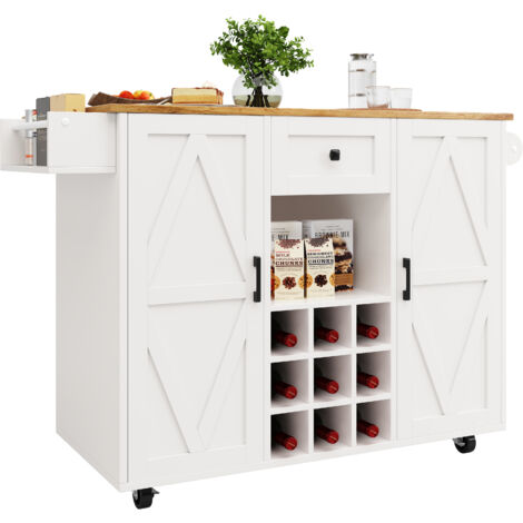 Isola da Cucina 137.5x65x95.6 cm, Piano Pieghevole Salvaspazio con Scaffali Regolabili, MDF Bianco, Per Sale da Pranzo