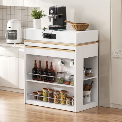 Isola da cucina con tavolo allungabile - 83-146,5x46x96 cm - Mobile bar con prese elettriche e contenitori - Bianco